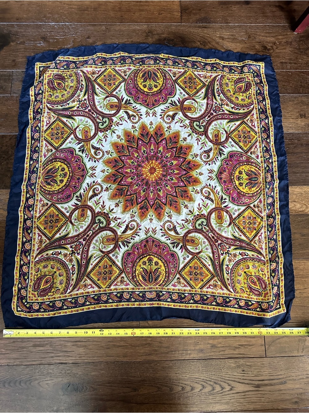 Vibrant Paisley SILK Medallion Square Scarf in Navy & Pink